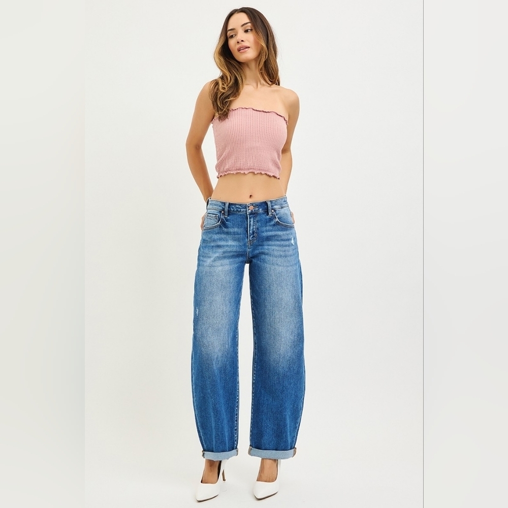 RISEN Mid Rise Dark Wash Barrel Jeans Double Roll Cuffed Full Length Various NEW